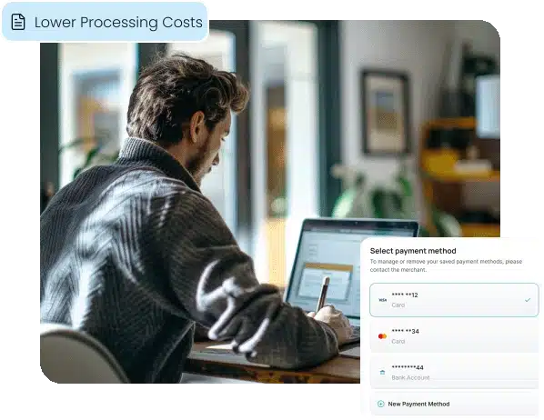 A man working at his desk thinking about how to get lower processing costs.