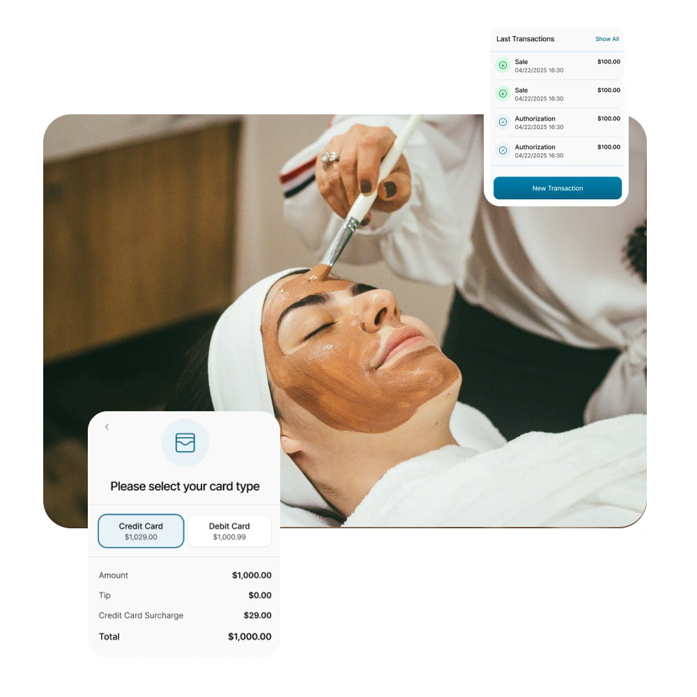 Spa facial with Aurora payment UI displaying dual pricing and credit card surcharges.